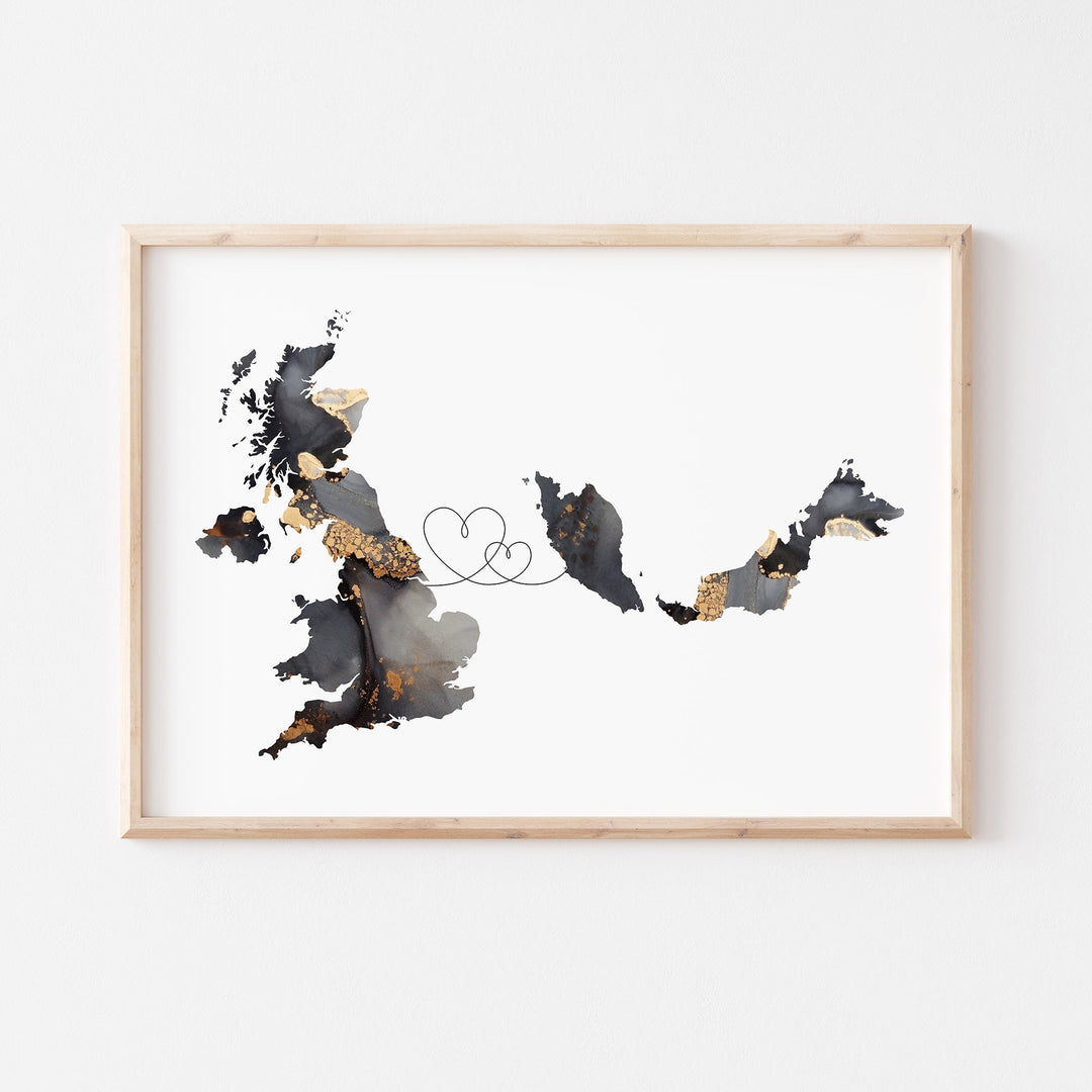 Britain and Malaysia Map Black & Gold Travel Wall Art Print | United Kingdom | UK