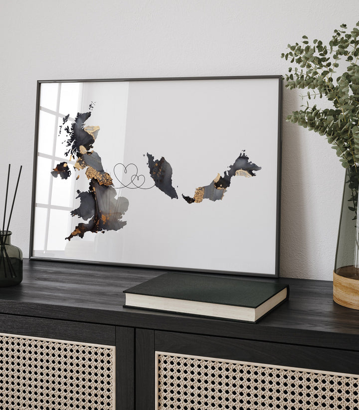 Britain and Malaysia Map Black & Gold Travel Wall Art Print | United Kingdom | UK