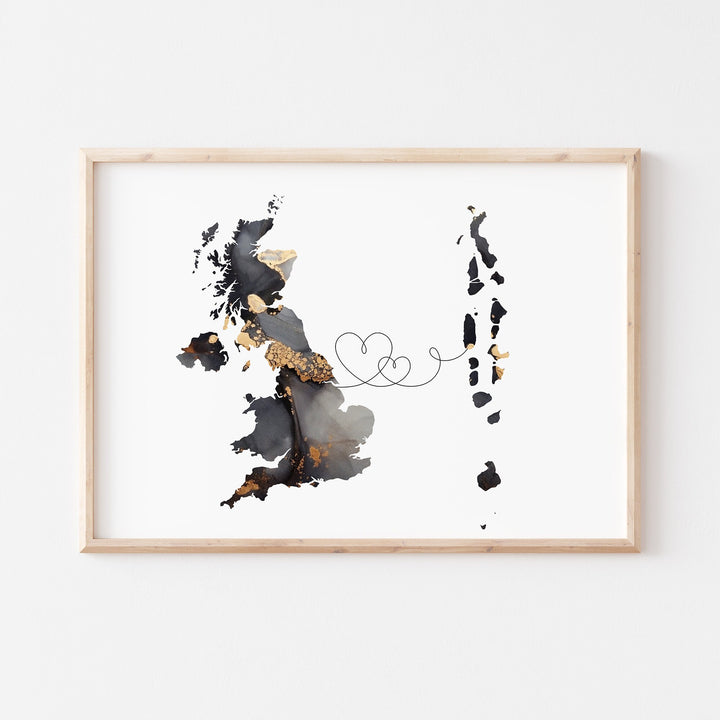Britain and Maldives Map Black & Gold Travel Wall Art Print | United Kingdom | UK