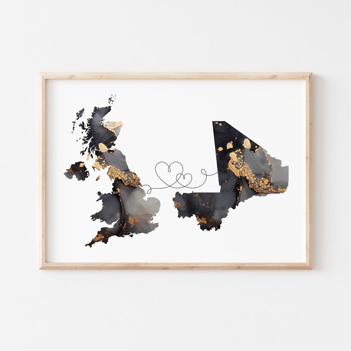 Britain and Mali Map Black & Gold Travel Wall Art Print | United Kingdom | UK