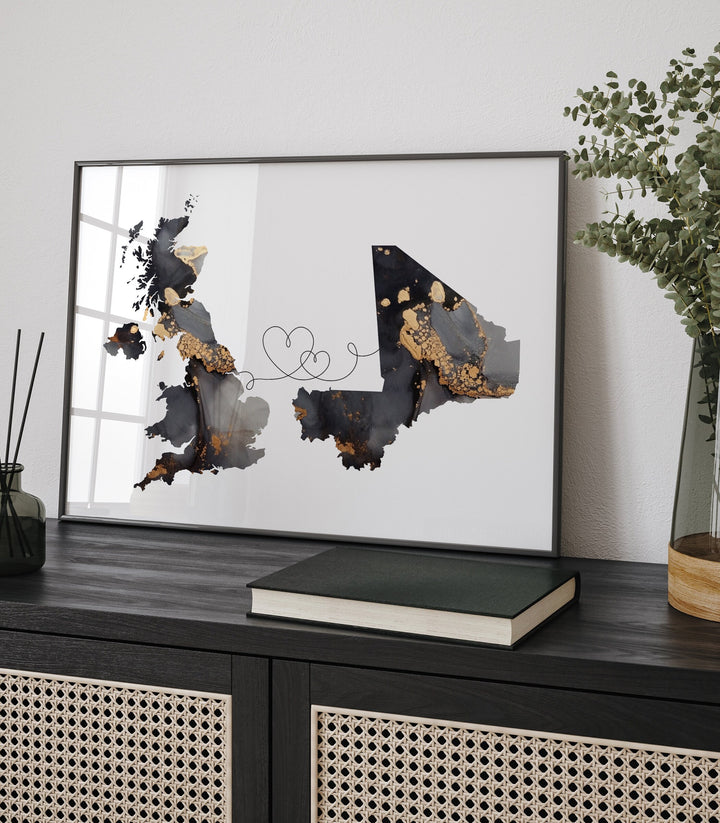 Britain and Mali Map Black & Gold Travel Wall Art Print | United Kingdom | UK