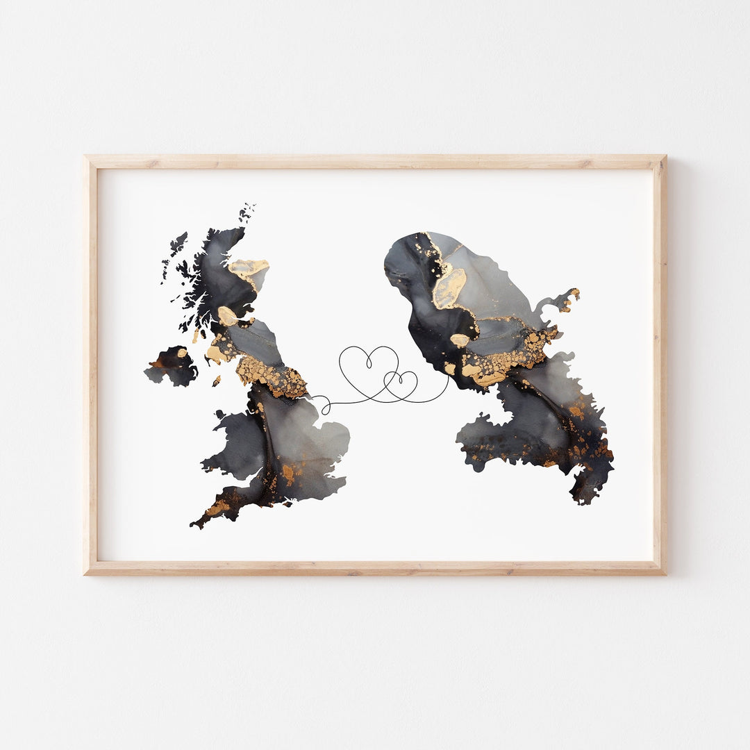 Britain and Martinique Map Black & Gold Travel Wall Art Print | United Kingdom | UK