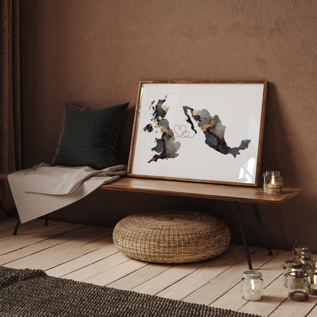 Britain and Mexico Map Black & Gold Travel Wall Art Print | United Kingdom | UK