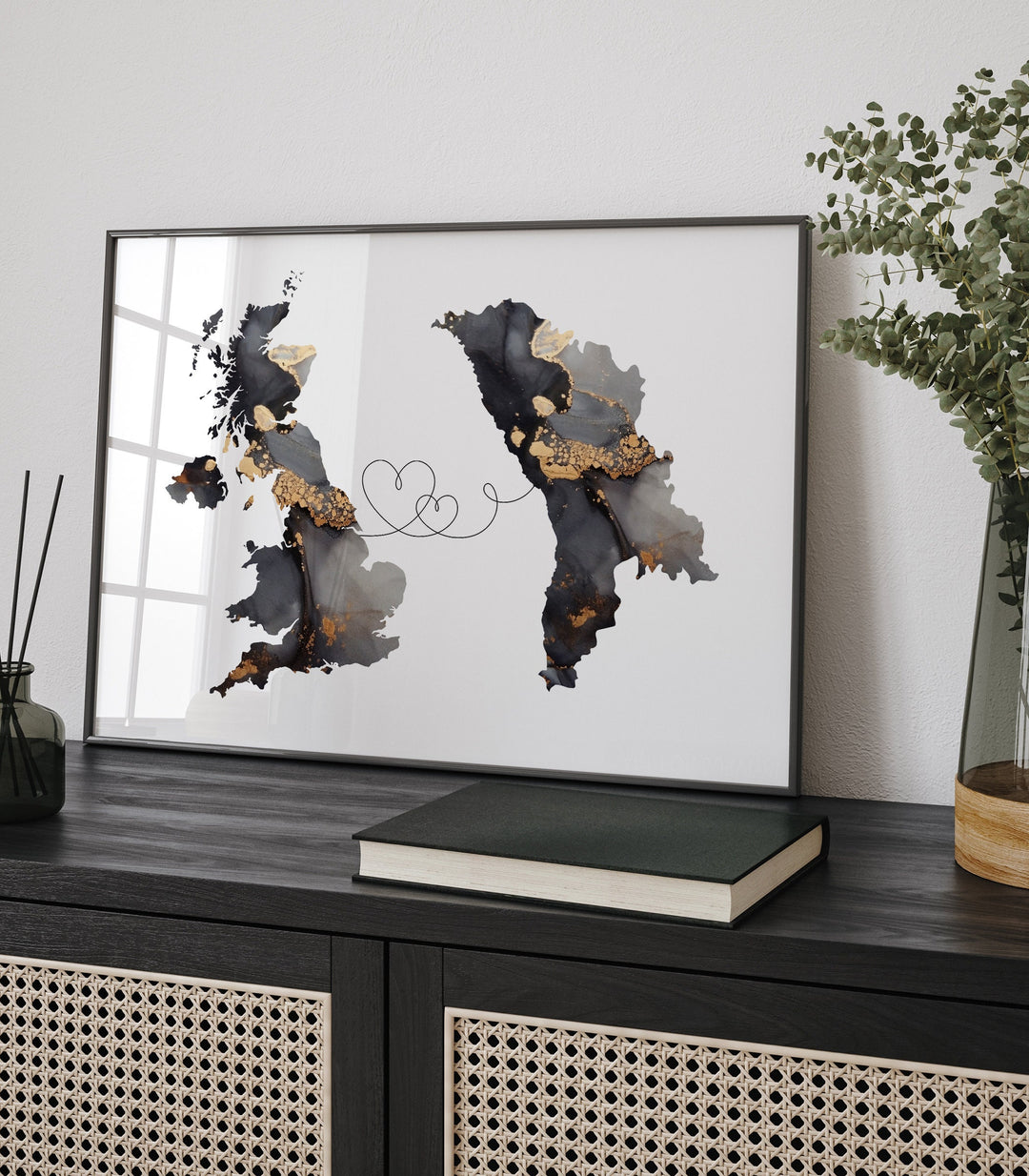 Britain and Moldova Map Black & Gold Travel Wall Art Print | United Kingdom | UK