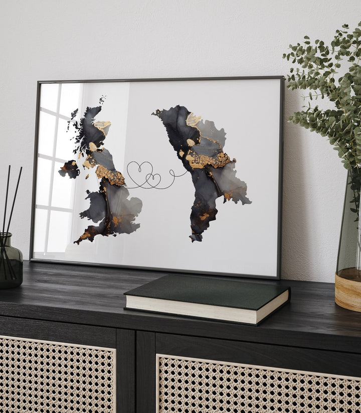 Britain and Moldova Map Black & Gold Travel Wall Art Print | United Kingdom | UK