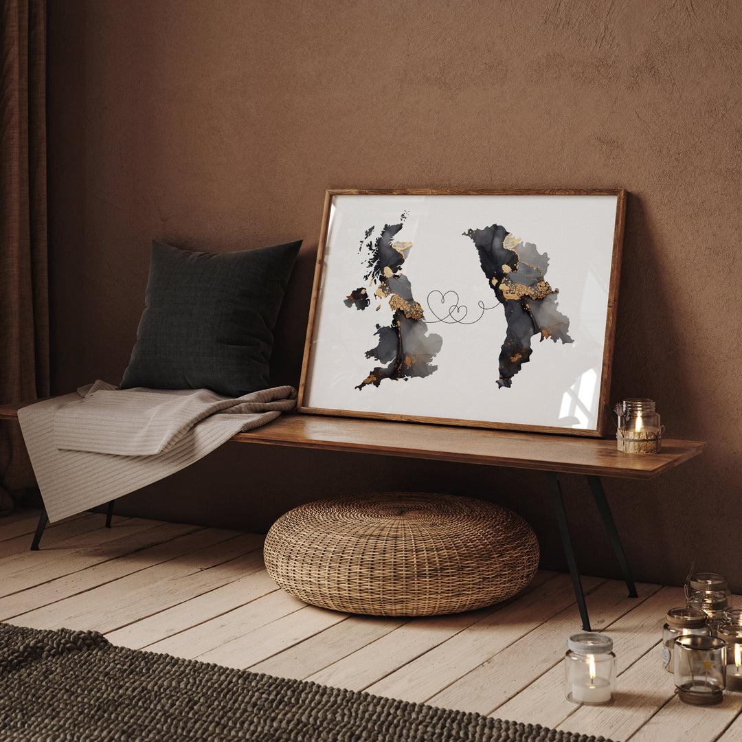 Britain and Moldova Map Black & Gold Travel Wall Art Print | United Kingdom | UK