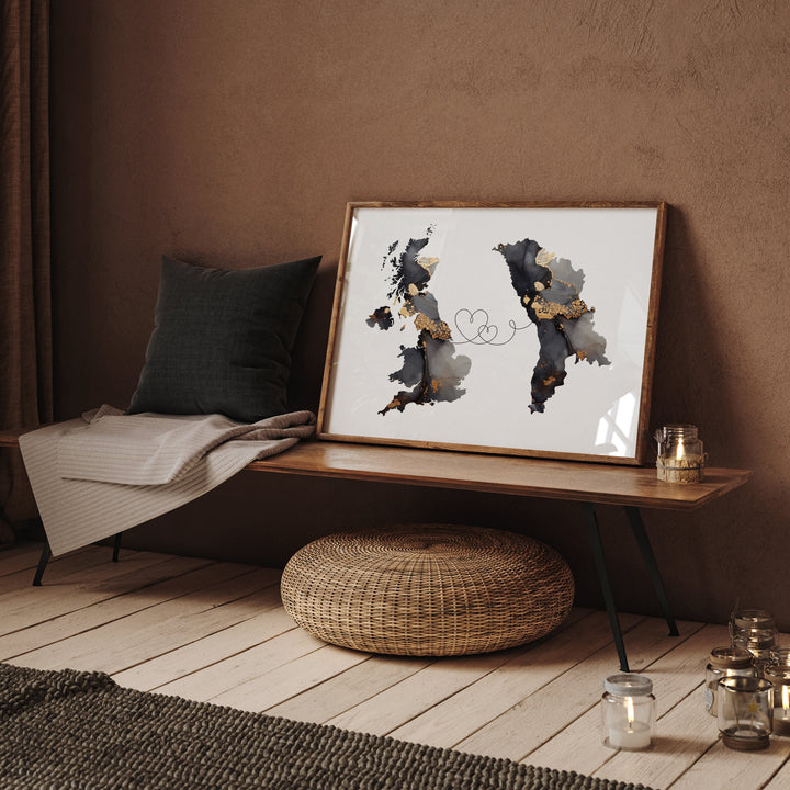 Britain and Moldova Map Black & Gold Travel Wall Art Print | United Kingdom | UK