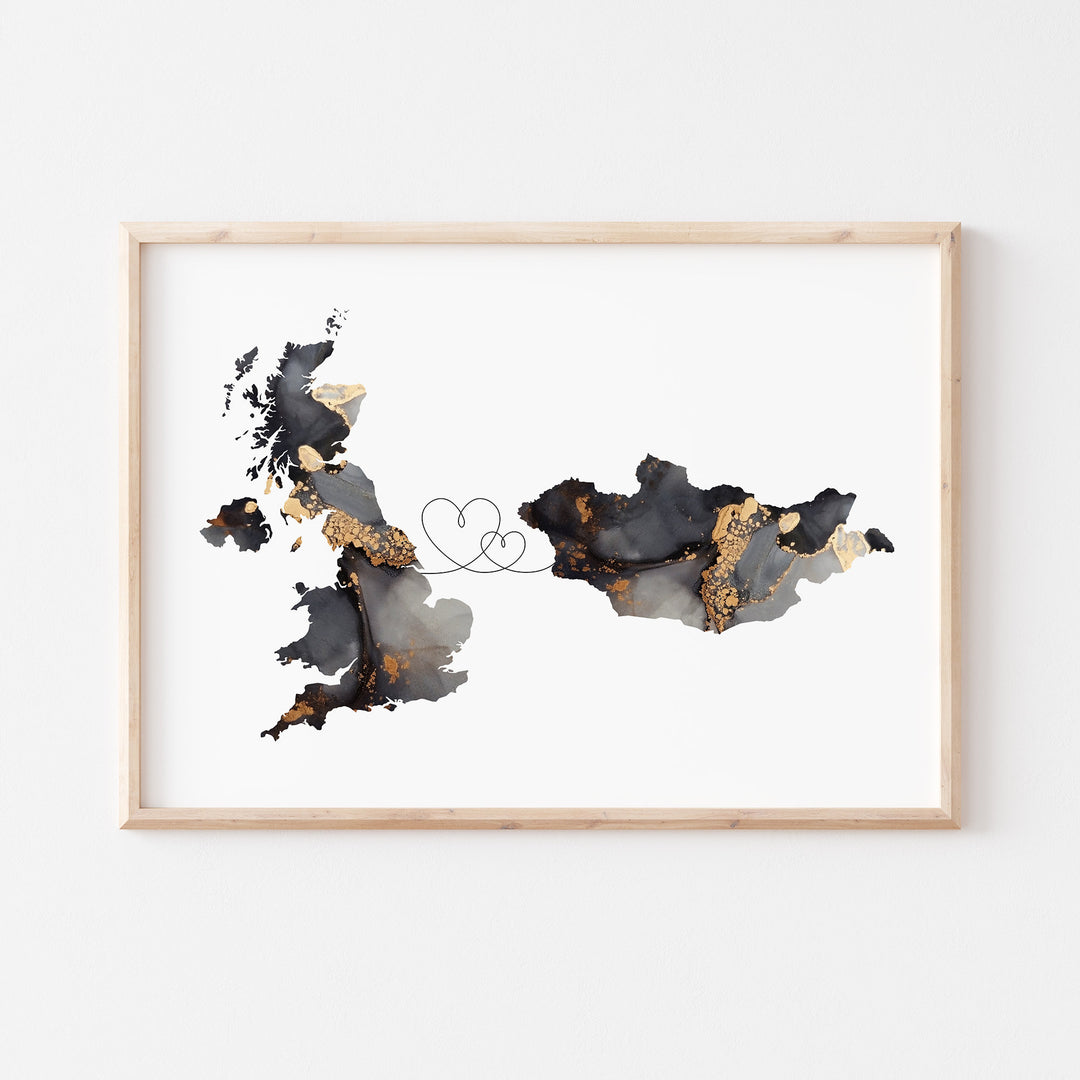 Britain and Mongolia Map Black & Gold Travel Wall Art Print | United Kingdom | UK