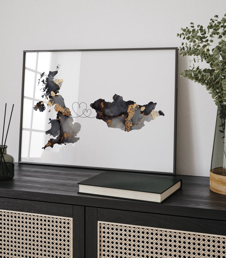 Britain and Mongolia Map Black & Gold Travel Wall Art Print | United Kingdom | UK