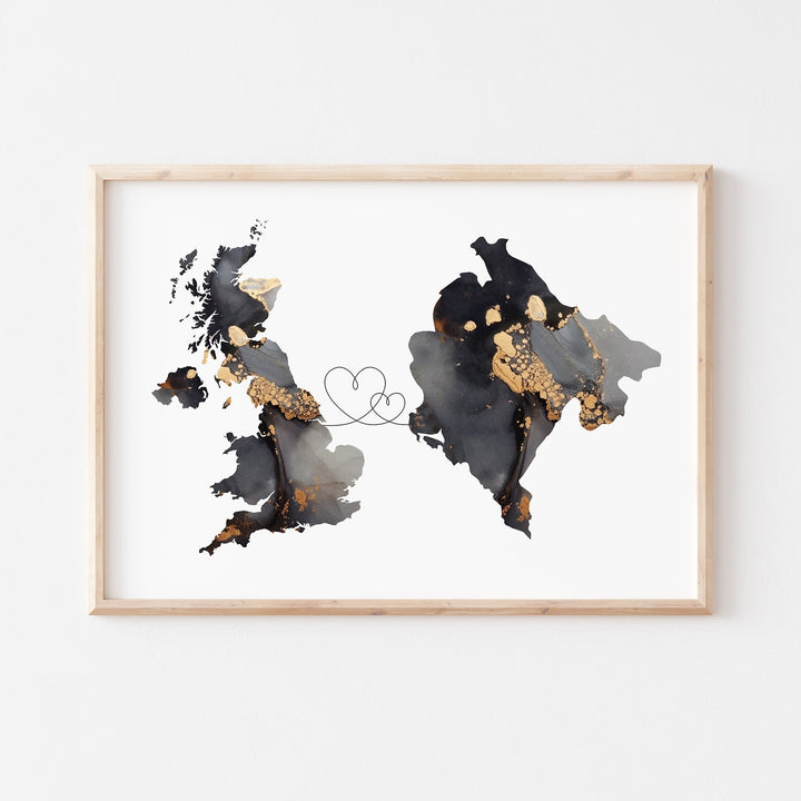 Britain and Montenegro Map Black & Gold Travel Wall Art Print | United Kingdom | UK