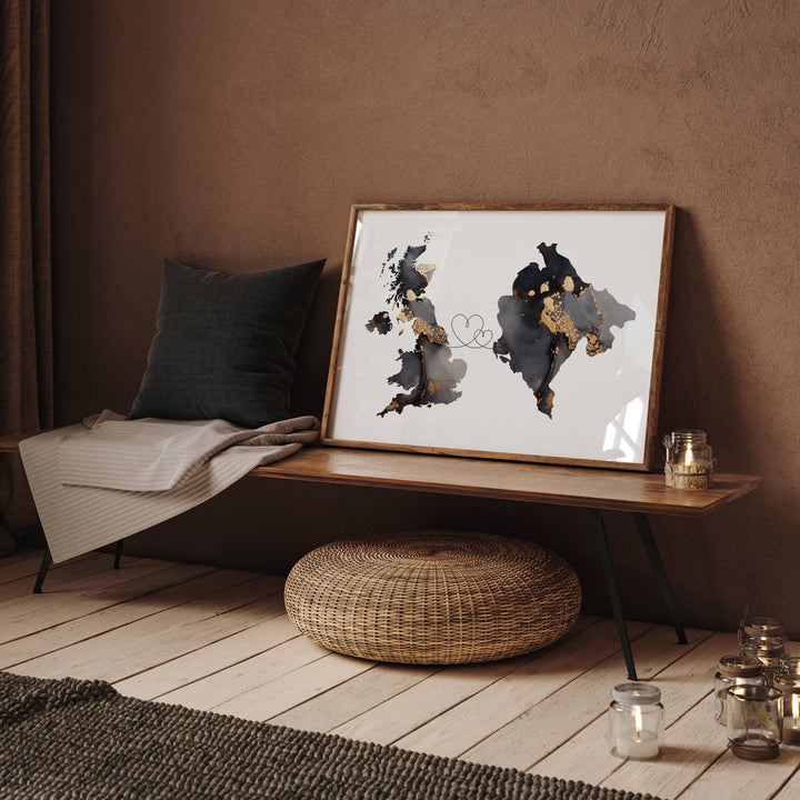 Britain and Montenegro Map Black & Gold Travel Wall Art Print | United Kingdom | UK