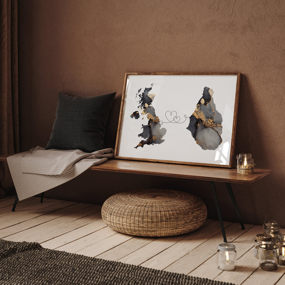Britain and Montserrato Map Black & Gold Travel Wall Art Print | United Kingdom | UK