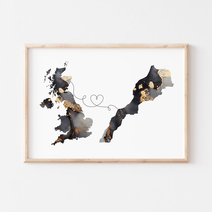 Britain and Morocco Map Black & Gold Travel Wall Art Print | United Kingdom | UK