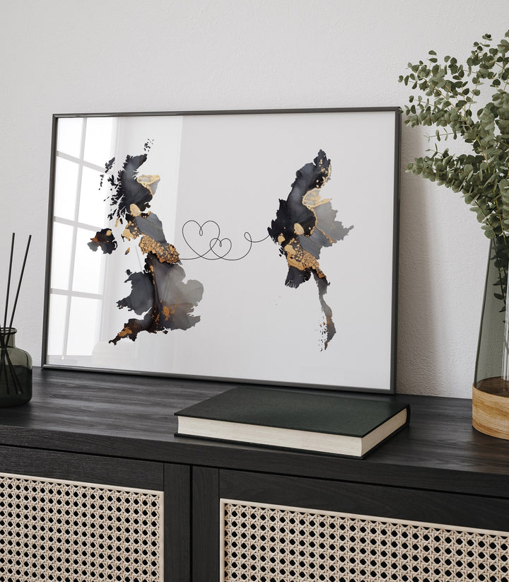 Britain and Myanmar Map Black & Gold Travel Wall Art Print | United Kingdom | UK