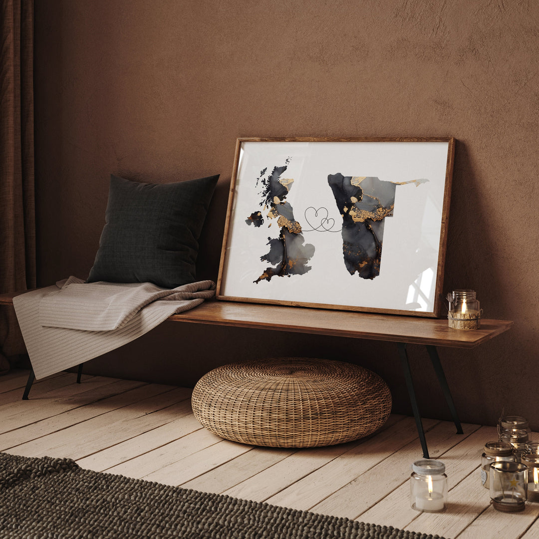 Britain and Namibia Map Black & Gold Travel Wall Art Print | United Kingdom | UK