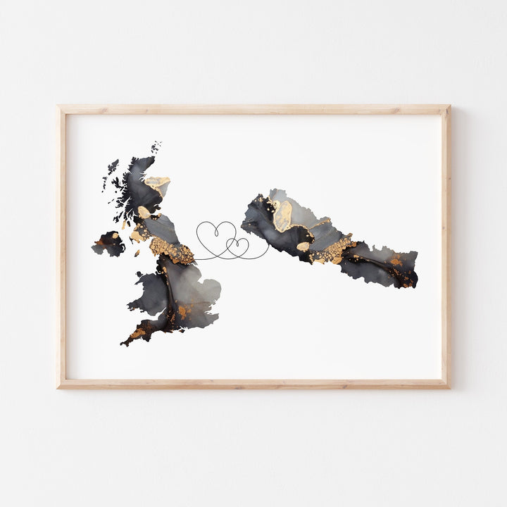 Britain and Nepal Map Black & Gold Travel Wall Art Print | United Kingdom | UK