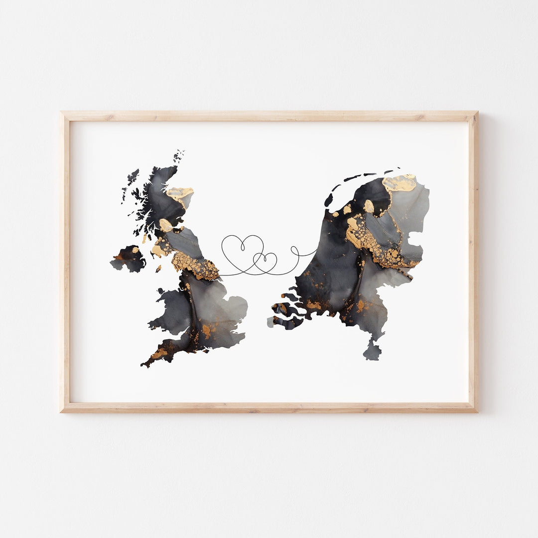 Britain and Netherlands Map Black & Gold Travel Wall Art Print | United Kingdom | UK
