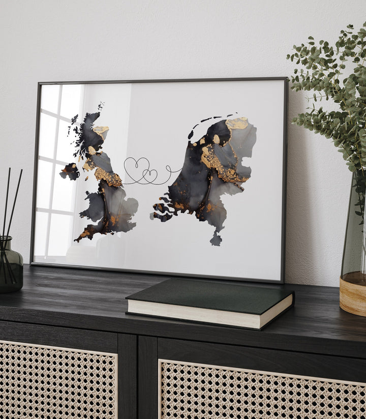 Britain and Netherlands Map Black & Gold Travel Wall Art Print | United Kingdom | UK