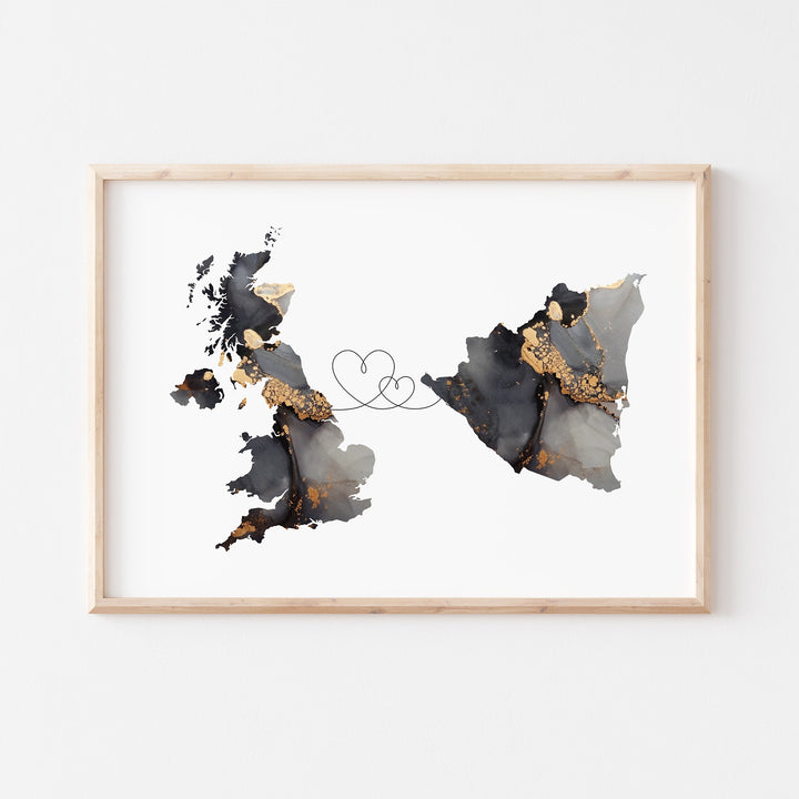 Britain and Nicaragua Map Black & Gold Travel Wall Art Print | United Kingdom | UK
