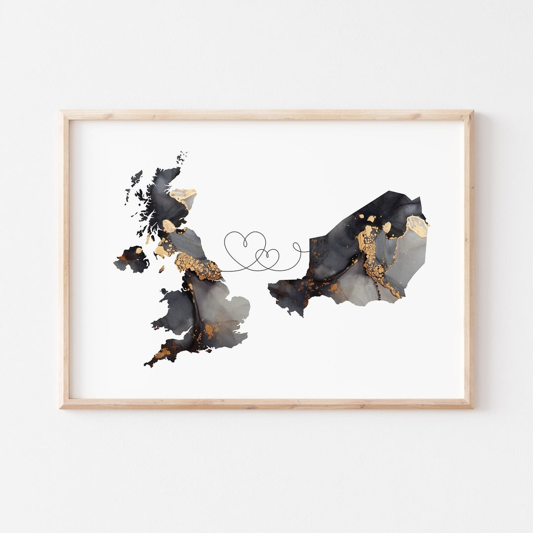 Britain and Niger Map Black & Gold Travel Wall Art Print | United Kingdom | UK