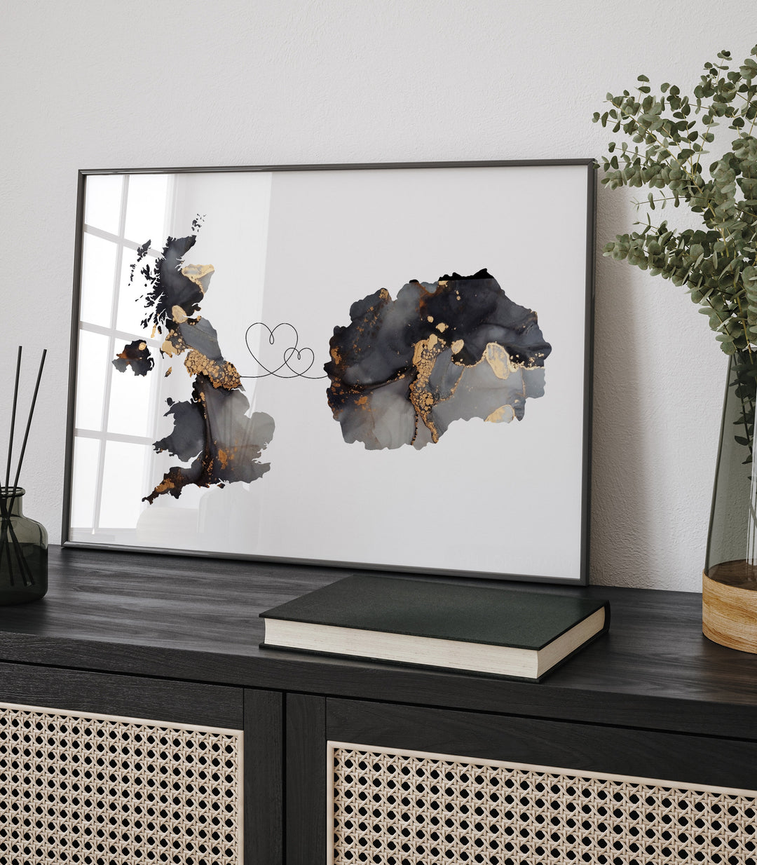 Britain and North Macedonia Map Black & Gold Travel Wall Art Print | United Kingdom | UK