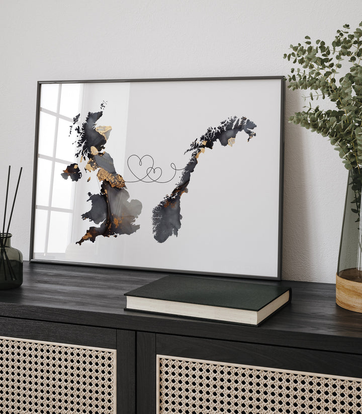 Britain and Norway Map Black & Gold Travel Wall Art Print | United Kingdom | UK
