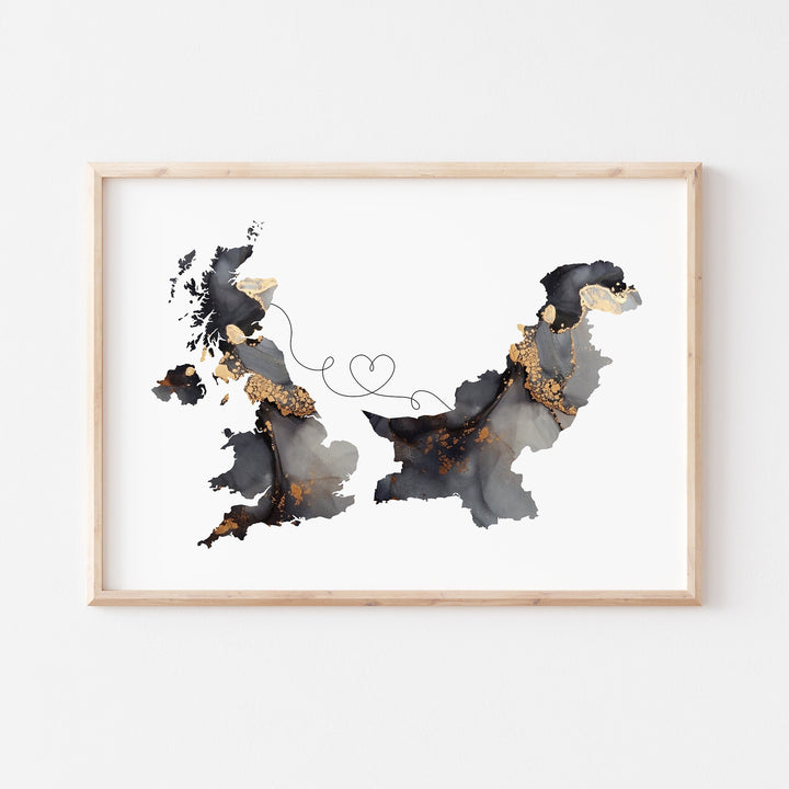 Britain and Pakistan Map Black & Gold Travel Wall Art Print | United Kingdom | UK