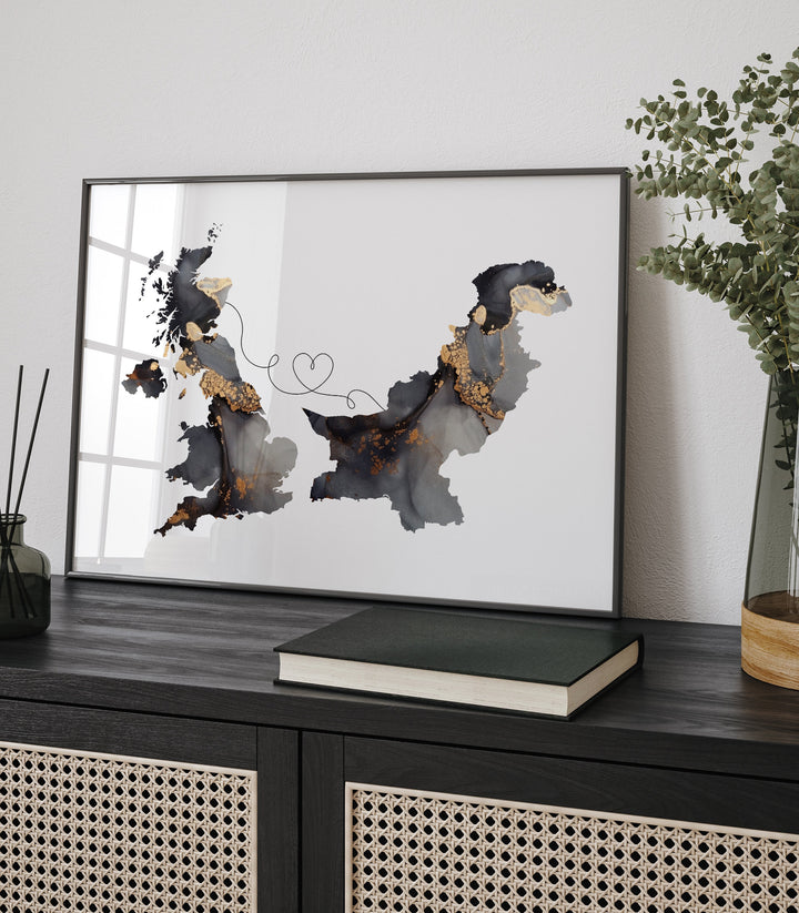 Britain and Pakistan Map Black & Gold Travel Wall Art Print | United Kingdom | UK