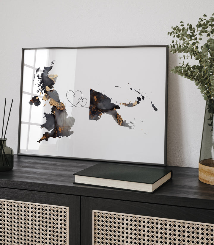 Britain and Papua New Guinea Map Black & Gold Travel Wall Art Print | United Kingdom | UK