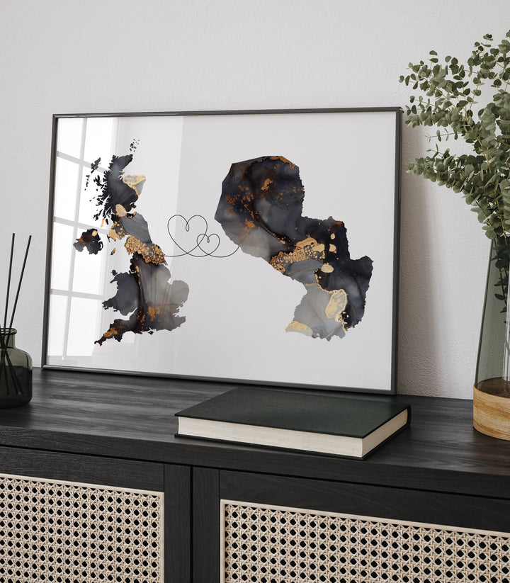 Britain and Paraguay Map Black & Gold Travel Wall Art Print | United Kingdom | UK