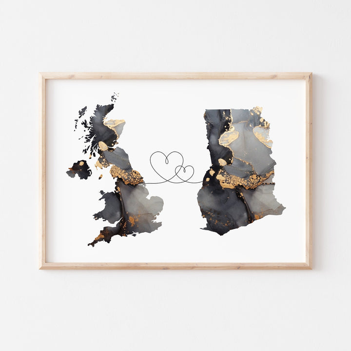 Britain and Ghana Map Black & Gold Travel Wall Art Print | United Kingdom | UK