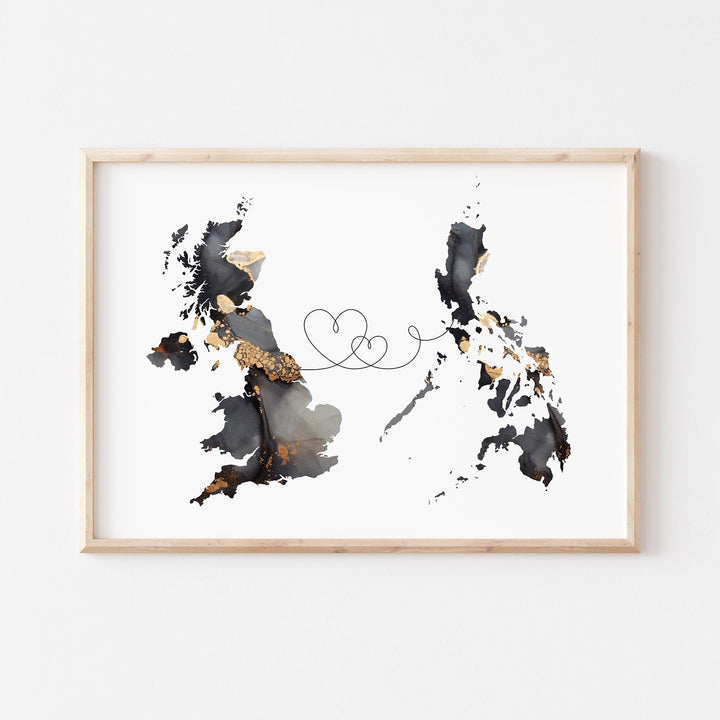 Britain and Philippines Map Black & Gold Travel Wall Art Print | United Kingdom | UK