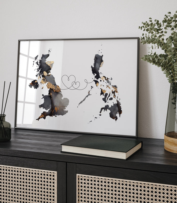 Britain and Philippines Map Black & Gold Travel Wall Art Print | United Kingdom | UK