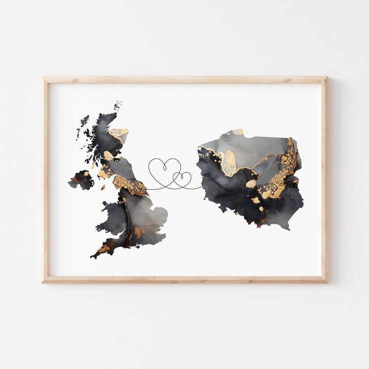 Britain and Poland Map Black & Gold Travel Wall Art Print | United Kingdom | UK