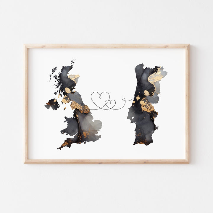 Britain and Portugal Map Black & Gold Travel Wall Art Print | United Kingdom | UK