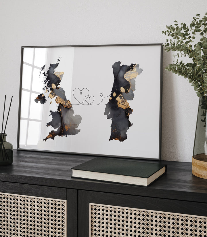 Britain and Portugal Map Black & Gold Travel Wall Art Print | United Kingdom | UK