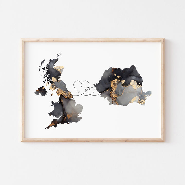 Britain and Romania Map Black & Gold Travel Wall Art Print | United Kingdom | UK