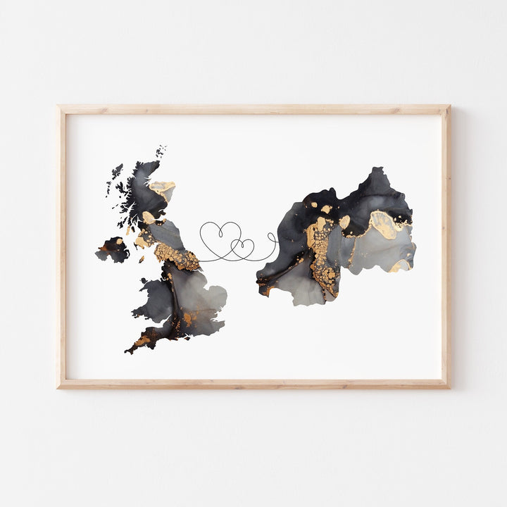 Britain and Rwanda Map Black & Gold Travel Wall Art Print | United Kingdom | UK