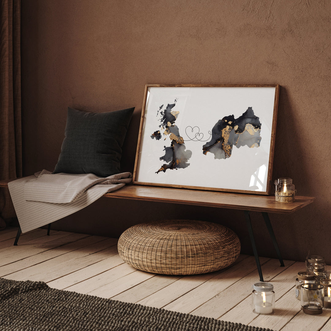 Britain and Rwanda Map Black & Gold Travel Wall Art Print | United Kingdom | UK