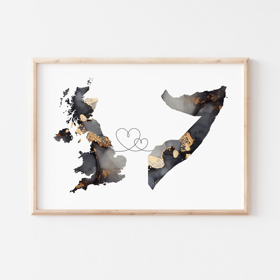 Britain and Somalia Map Black & Gold Travel Wall Art Print | United Kingdom | UK