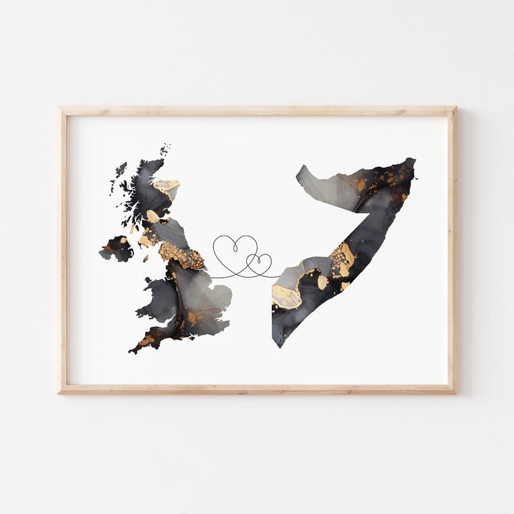 Britain and Somalia Map Black & Gold Travel Wall Art Print | United Kingdom | UK