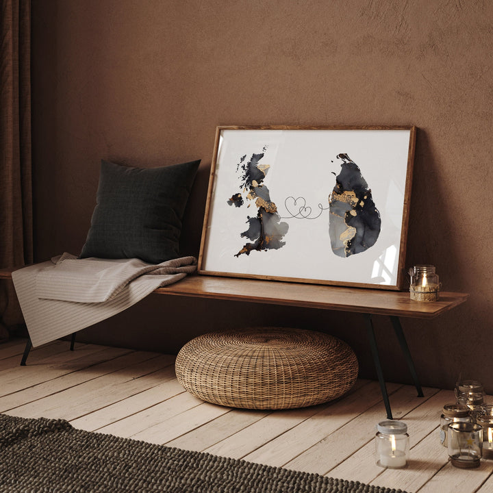 Britain and Sri Lanka Map Black & Gold Travel Wall Art Print | United Kingdom | UK