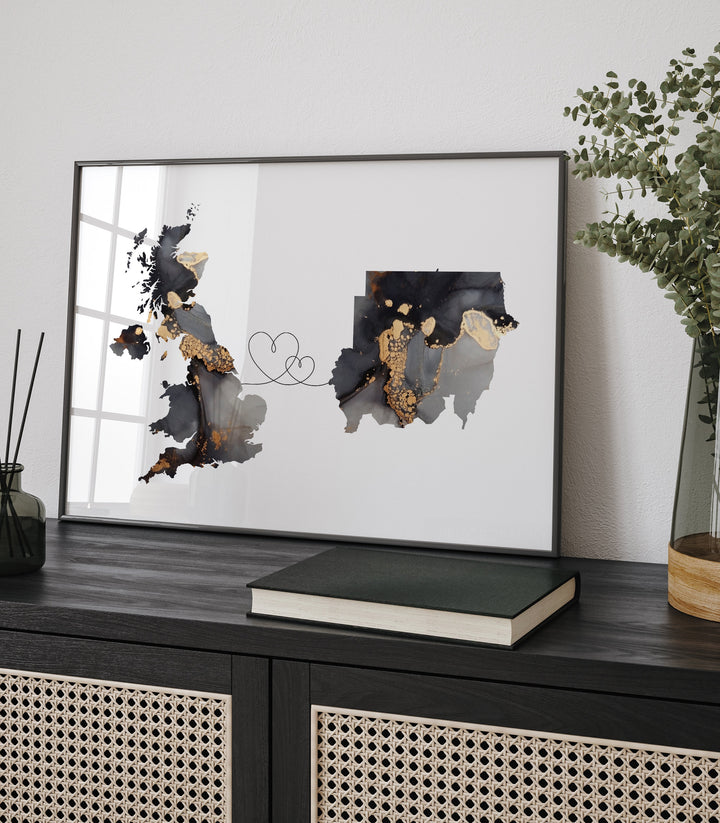 Britain and Sudan Map Black & Gold Travel Wall Art Print | United Kingdom | UK