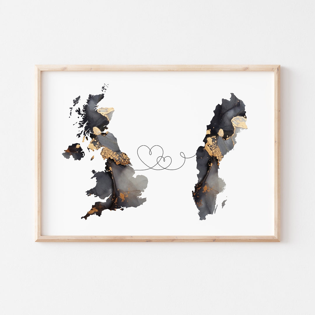 Britain and Sweden Map Black & Gold Travel Wall Art Print | United Kingdom | UK