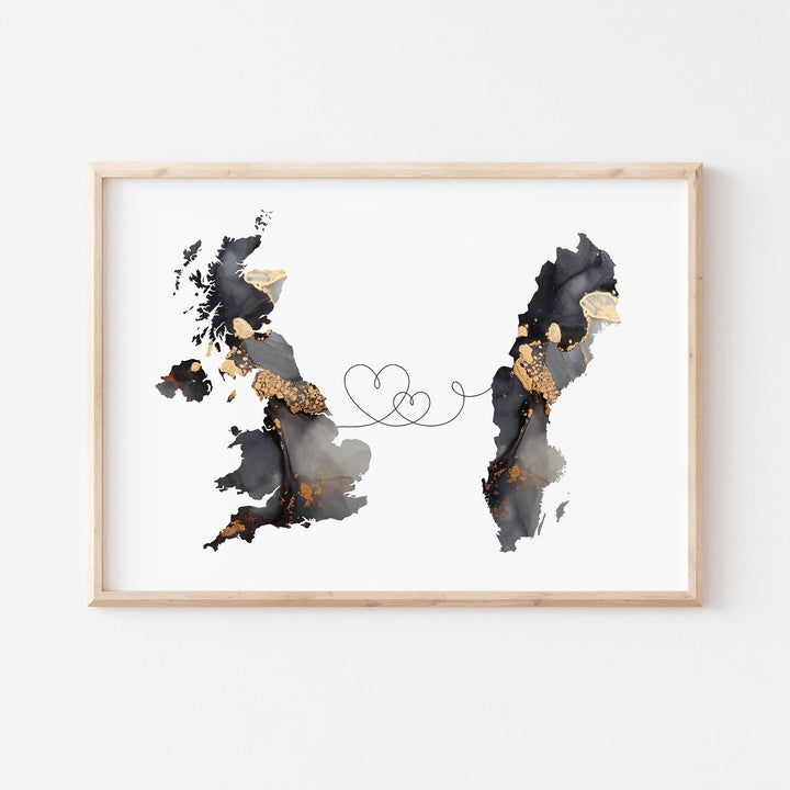 Britain and Sweden Map Black & Gold Travel Wall Art Print | United Kingdom | UK