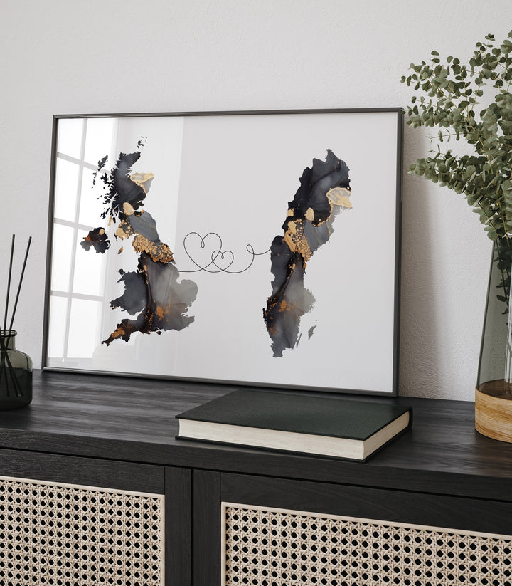 Britain and Sweden Map Black & Gold Travel Wall Art Print | United Kingdom | UK