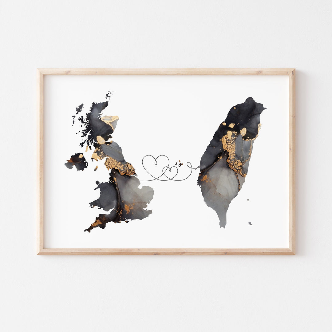 Britain and Taiwan Map Black & Gold Travel Wall Art Print | United Kingdom | UK