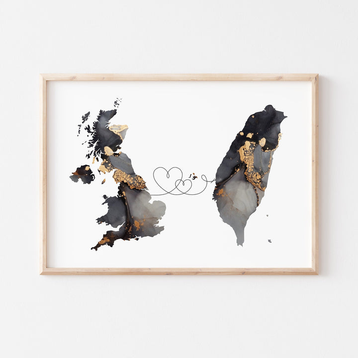 Britain and Taiwan Map Black & Gold Travel Wall Art Print | United Kingdom | UK