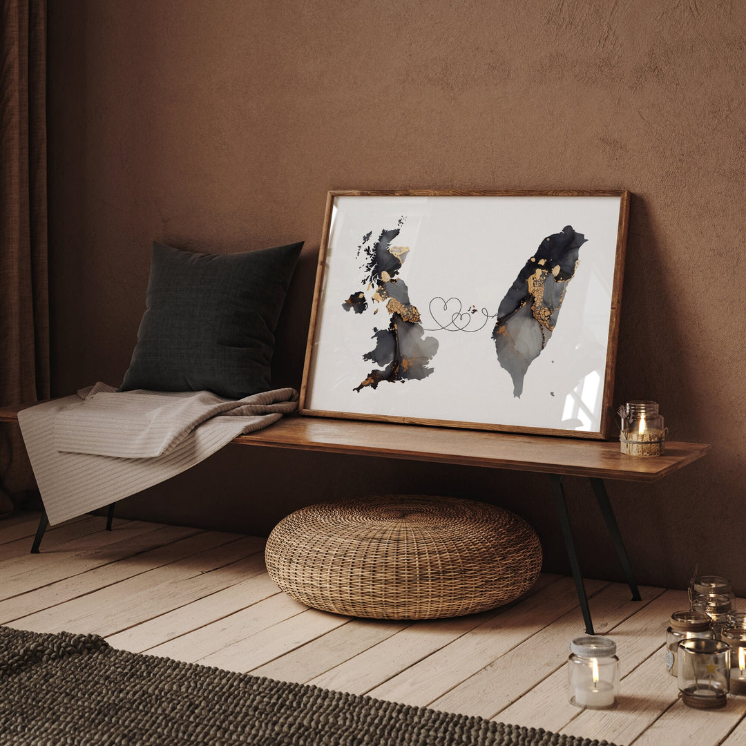 Britain and Taiwan Map Black & Gold Travel Wall Art Print | United Kingdom | UK