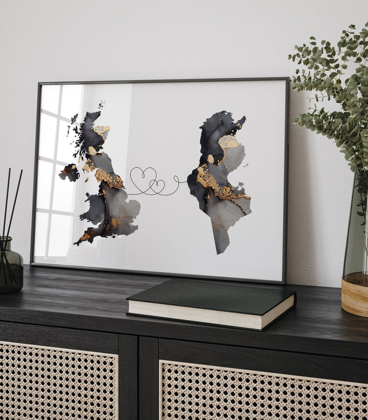 Britain and Tunisia Map Black & Gold Travel Wall Art Print | United Kingdom | UK